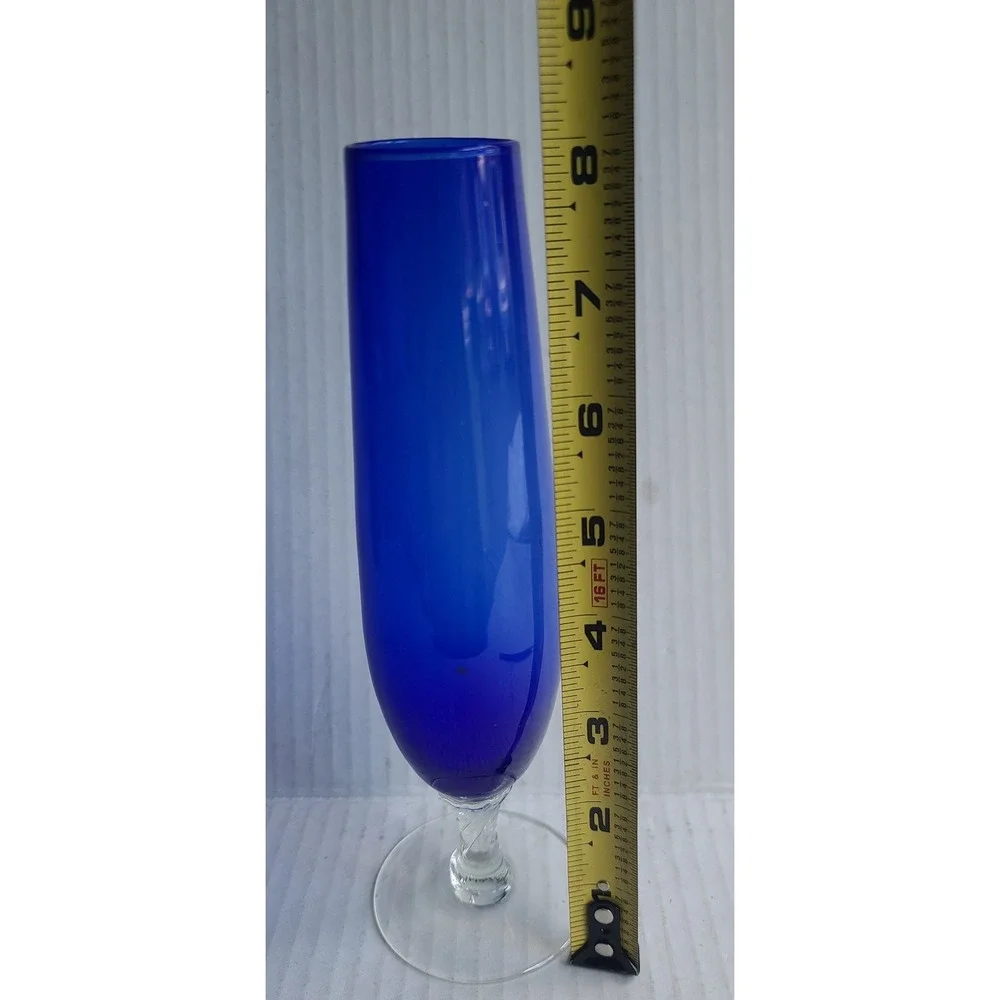 Vintage Empoli Cobalt Blue Champagne Flute‎ Bud Vase Clear Stem Hand Blown MCM